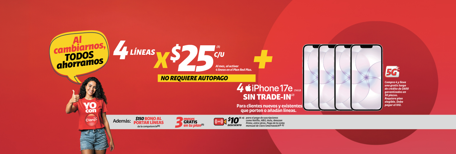 iPhone 17e 4 Líneas x $25 iPhone 17e 4 Líneas x $25